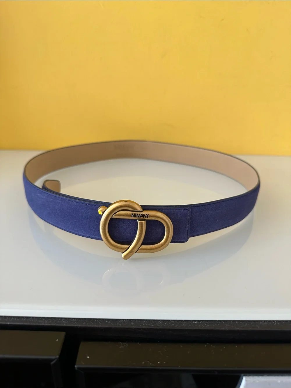 Nimany Bespoke Art Luna Blue Suede Belt with Vintage Gold Tone Buckle Size M